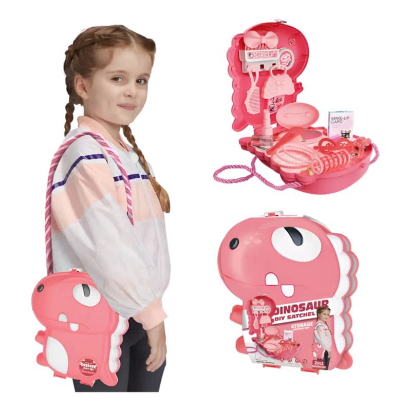 Kit de Beleza Infantil Maleta Dino Rosa – 18 Peças Divertidas