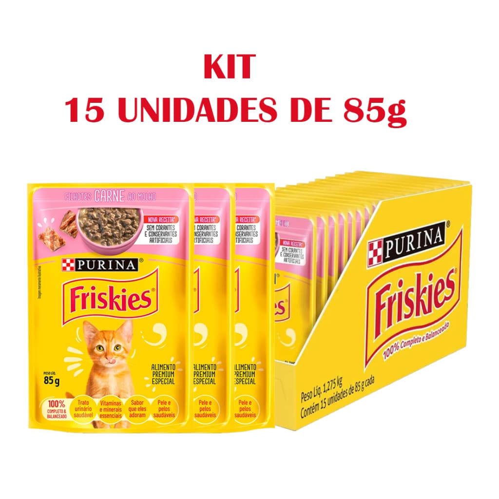 Sache Friskies Ração Úmida para Gatos Filhotes sabor Carne caixa com 15un de 85g