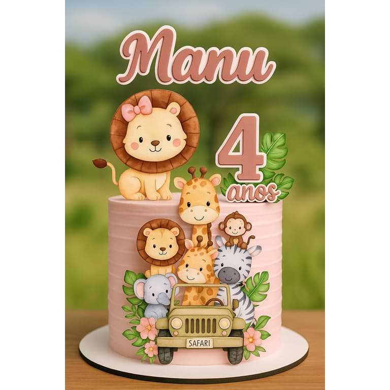 Topo de Bolo Personalizado com Nome Safari Menino/Menina | Toper animais safari decoração | safari baby