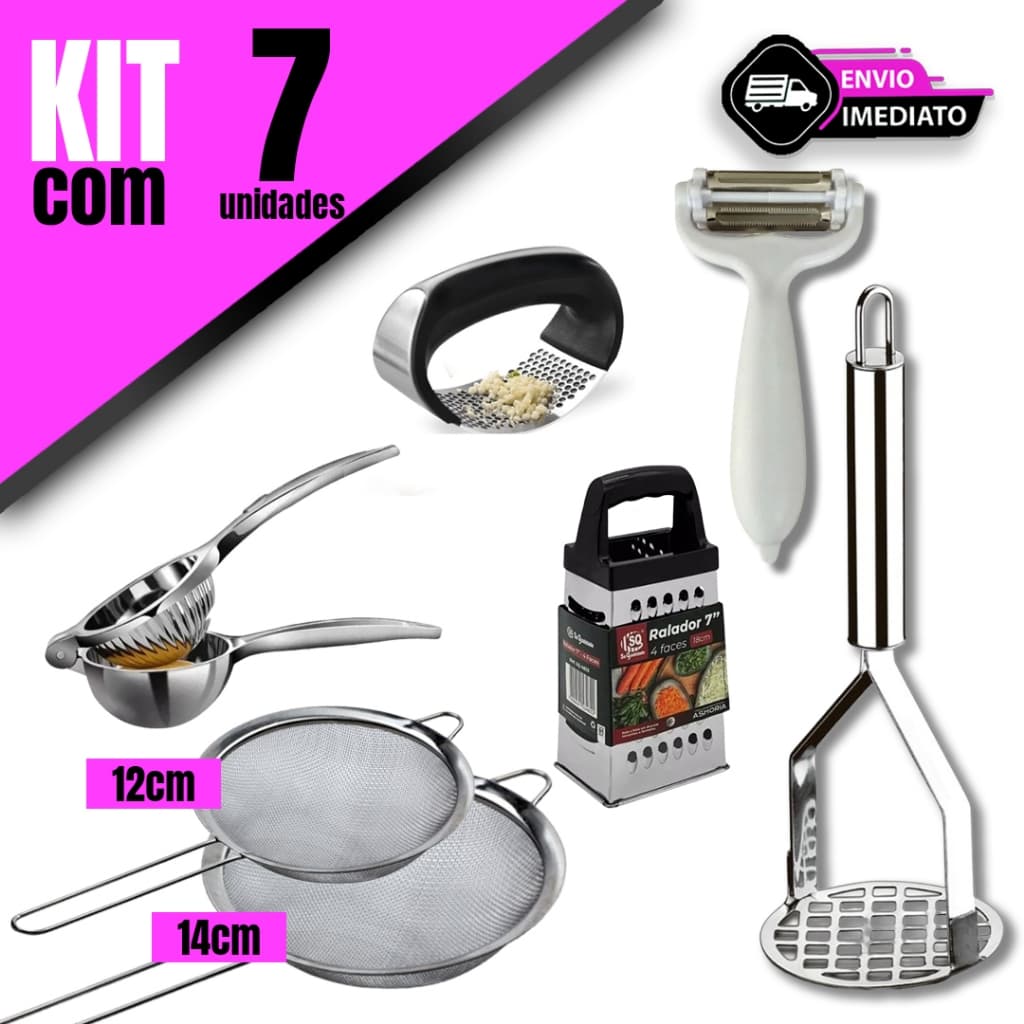 Kit 7 Utensílios de Cozinha Amass de Batatas Desc Legumes Amass de Alho Espremedor Ralador e Peneira