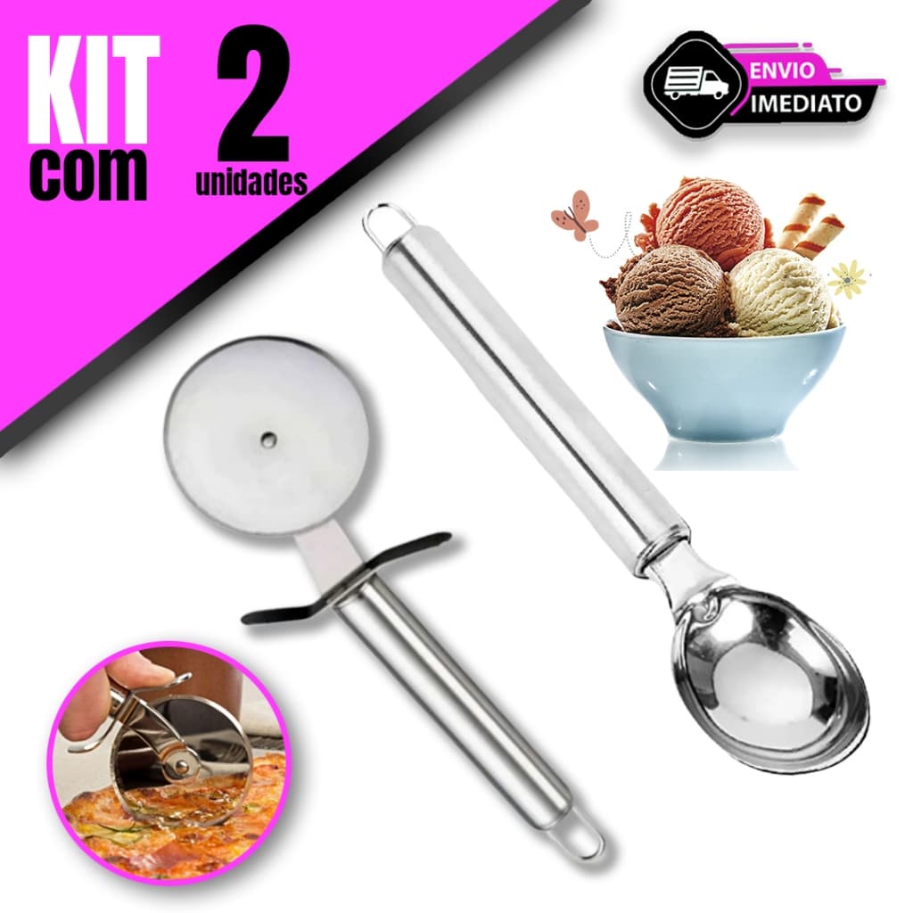 Kit Cortador de Pizza e Pegador de Sorvete Aço Inox – Praticidade e Durabilidade na Sua Cozinha