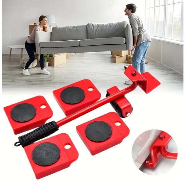 Kit Levantador De Móveis Com Rodinhas 5 Peças Vermelho Até 150kg Mudanças Limpeza Organização