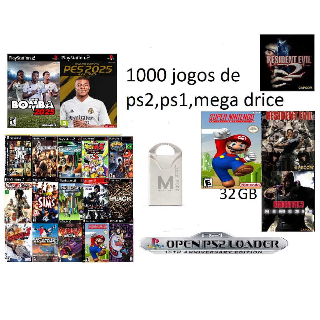 Pen Drive 32gb Com 1000 JogosPs2 Ps1 e outros consoles Para OPL