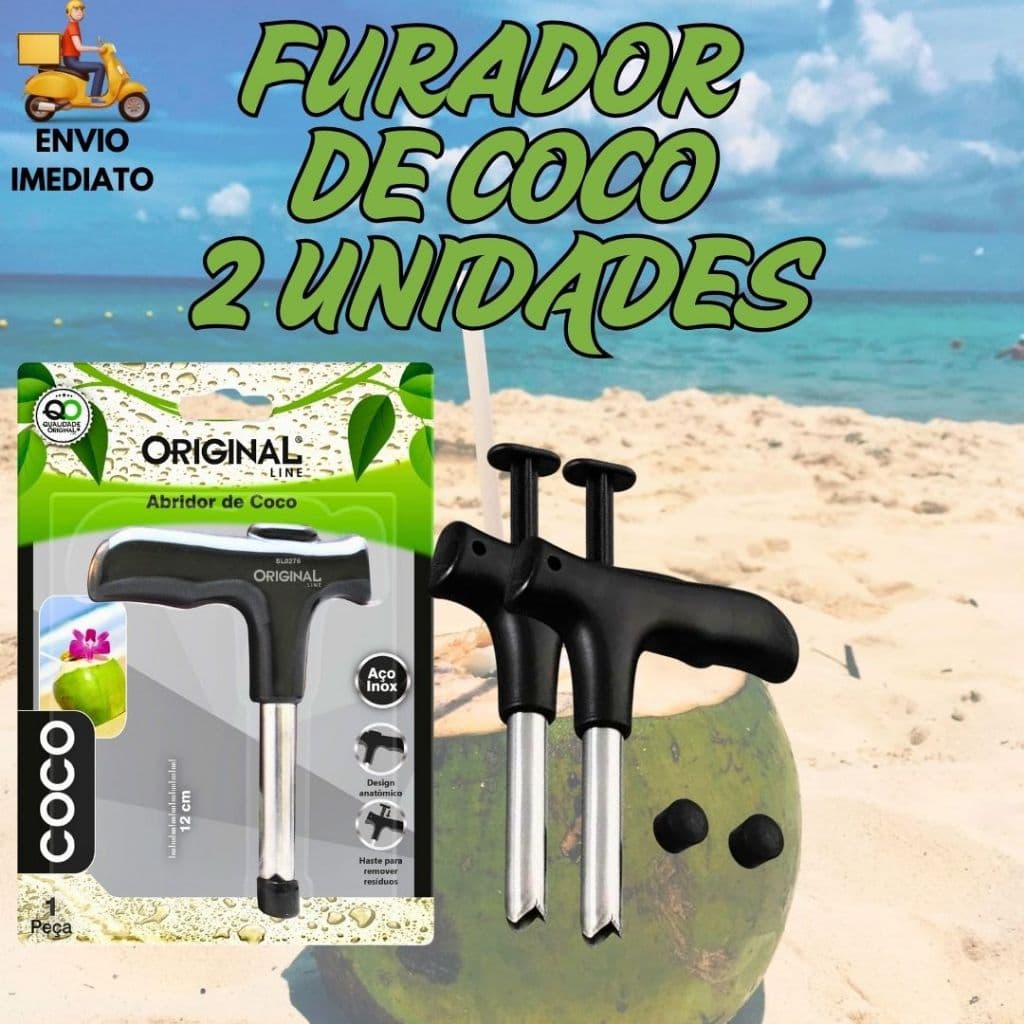 Furador E Abridor De Coco Kit Com 2 Unidades Em Aço Inox Manual Pratico Fácil Haste Removível 12cm