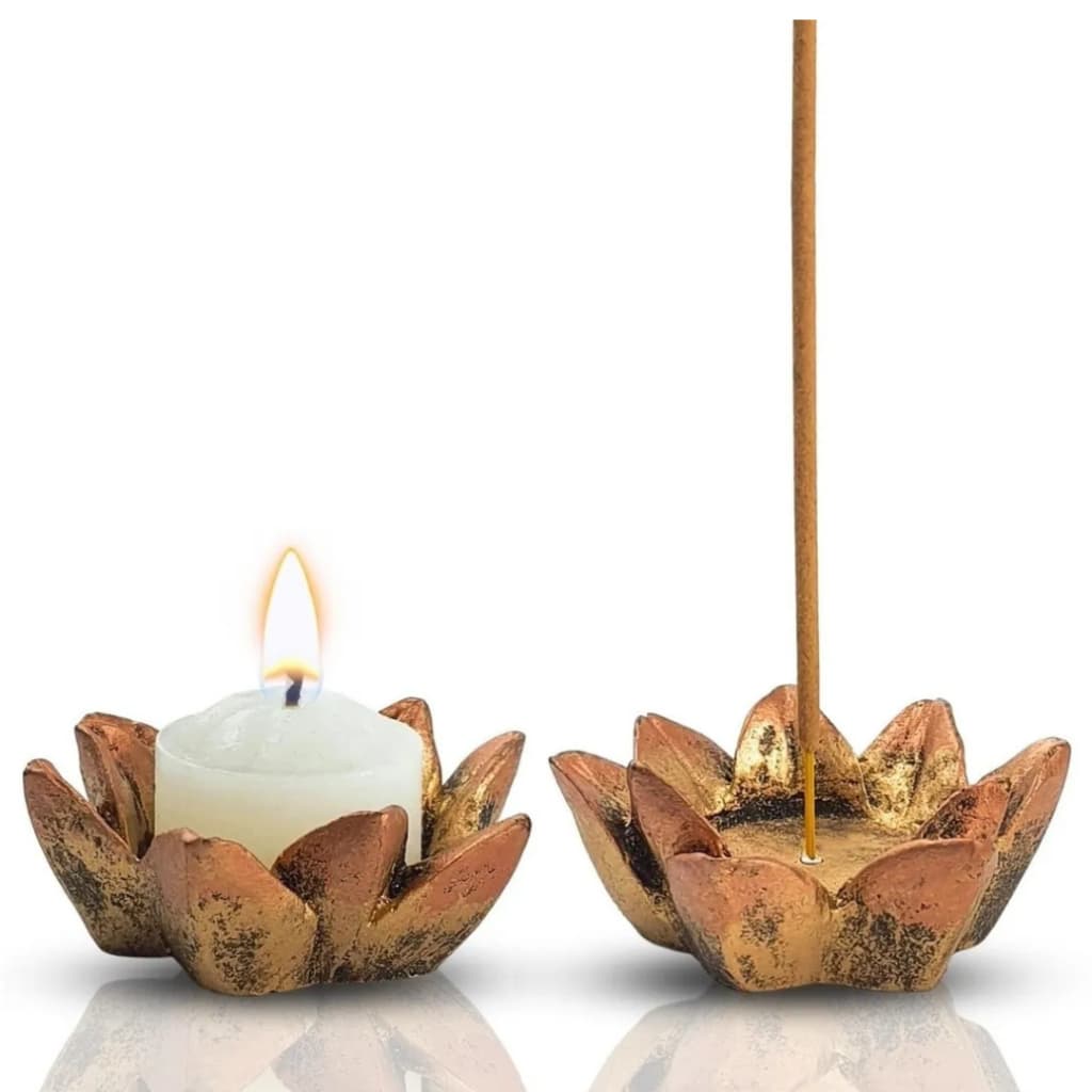 Kit Incensário Castiçal Flor de Lótus – Ouro Velho (2 Peças)