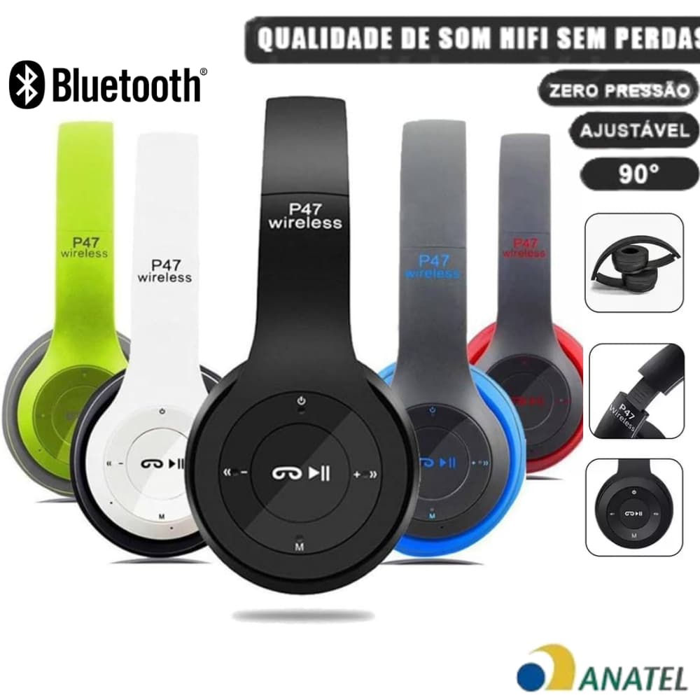 Fone P47 Bluetooth 5.0 Headphone Sem Fio Estéreo Redução Ruídos Universal Dobrável Microfone SD FM