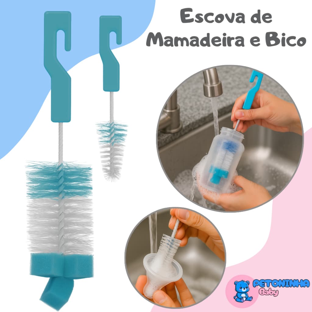 Escova Mamadeira e Bico com Esponjas Lavar Mamadeira Buba