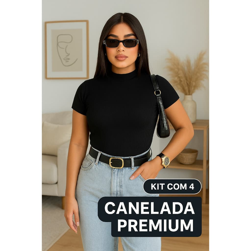 Kit 4 Blusa Feminina Gola Alta Canelada Premium Manga Curta
