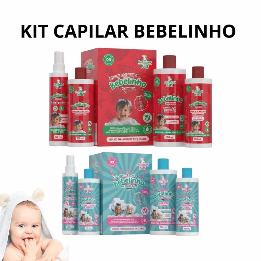 Kit Infantil Bebelinho Shampoo Condicionador Sabonete Líq Água de Colônia  Kit Kids Dois Aromas