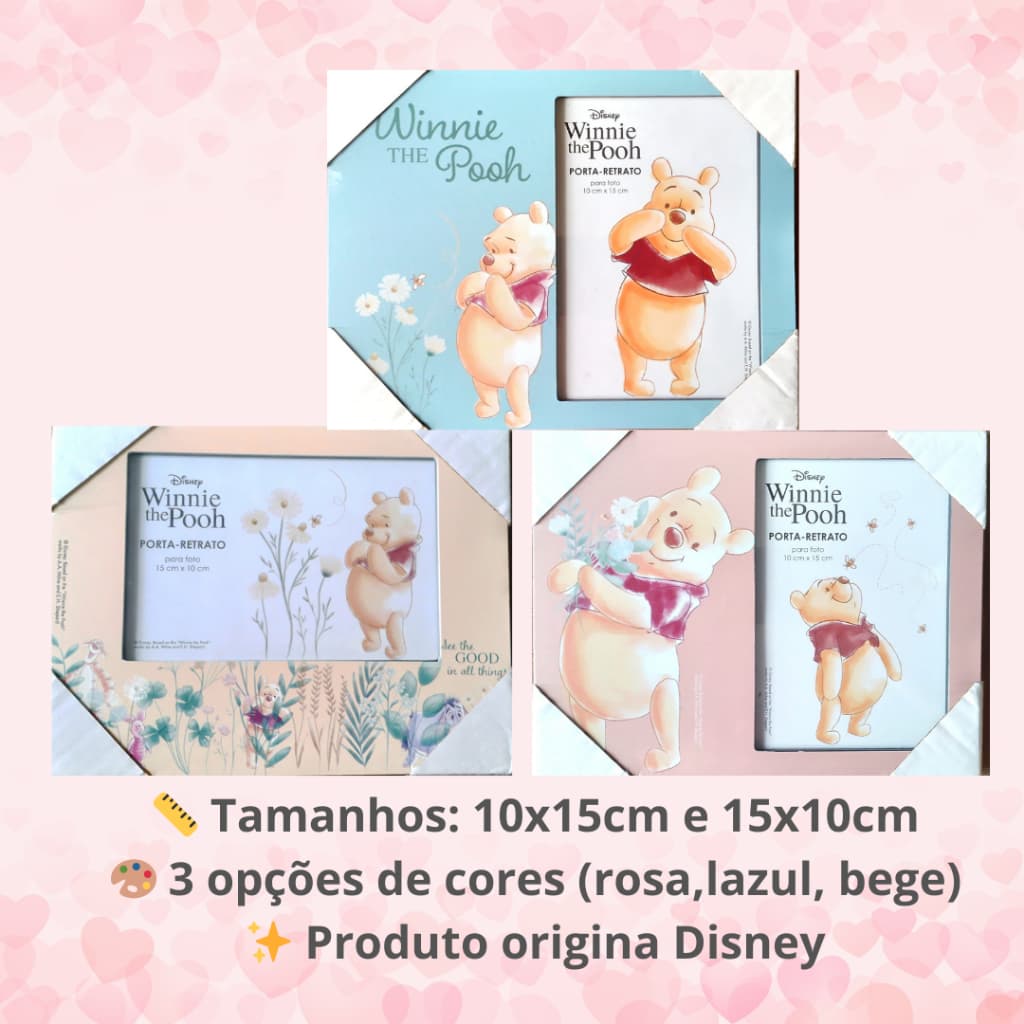 Porta-Retrato Disney Ursinho Pooh 10x15cm e 15x10cm Nas Cores Rosa, Azul e Bege