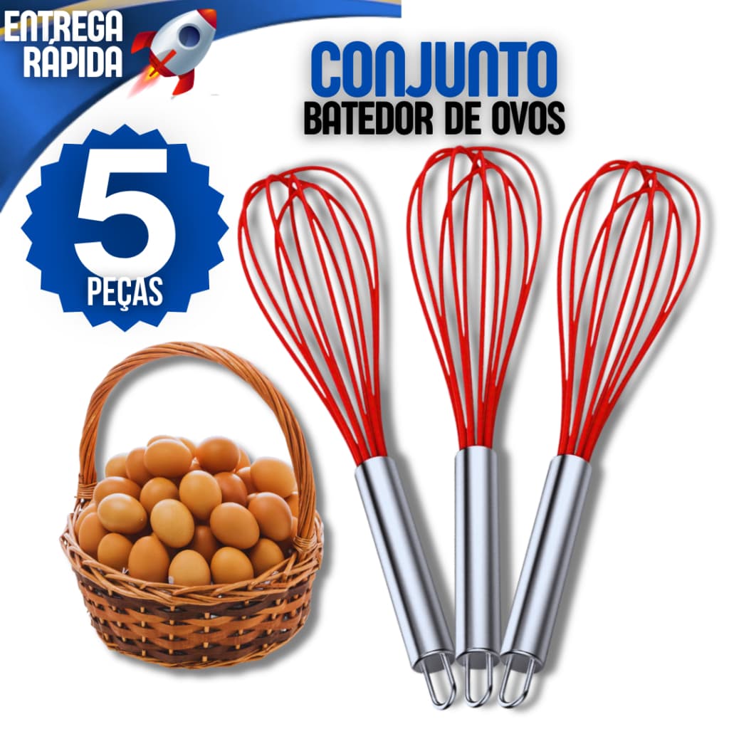Kit 5 Batedor de Claras Fouet Profissional De Ovos e Massas Cabo Reforçado Utensilio Confeitaria Casa