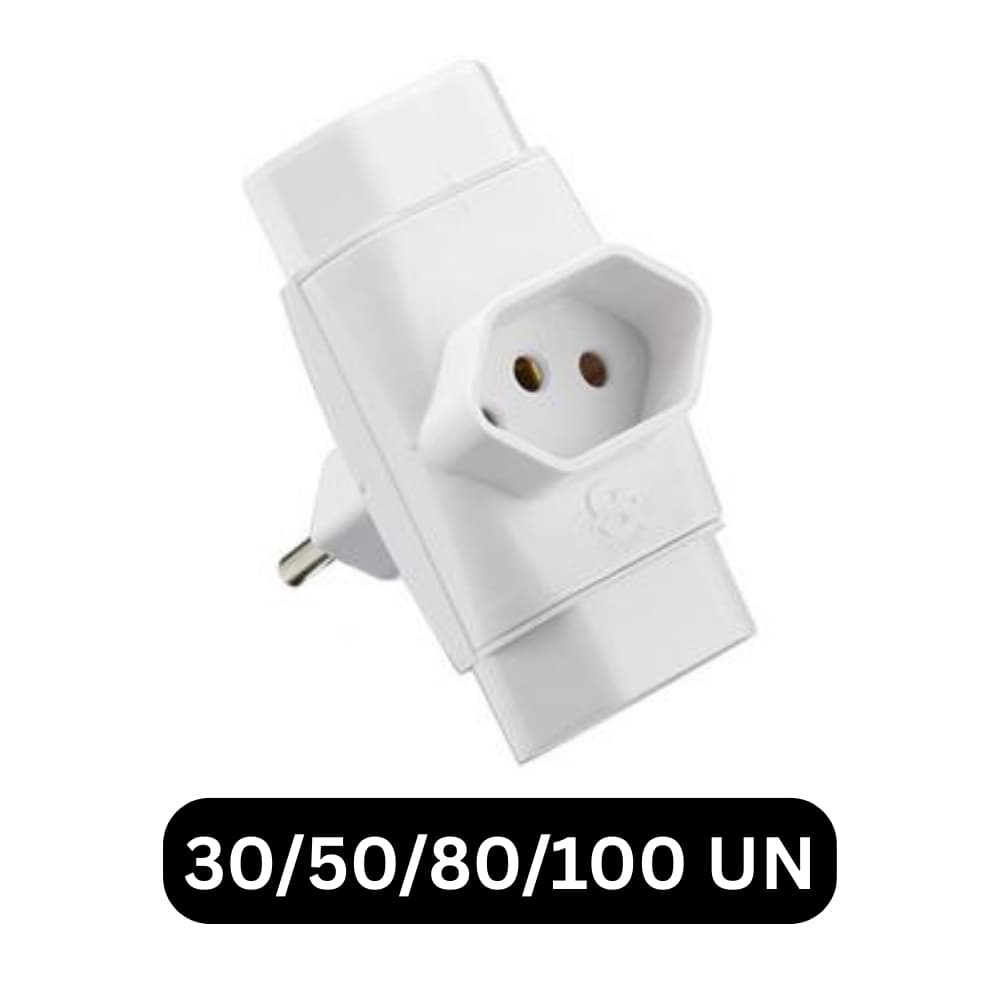 Adaptador Tomada Benjamin 3 Saídas Pino Multiplicador 250V 10A 2P+T - Branco | 20/30/50/100 Unidades