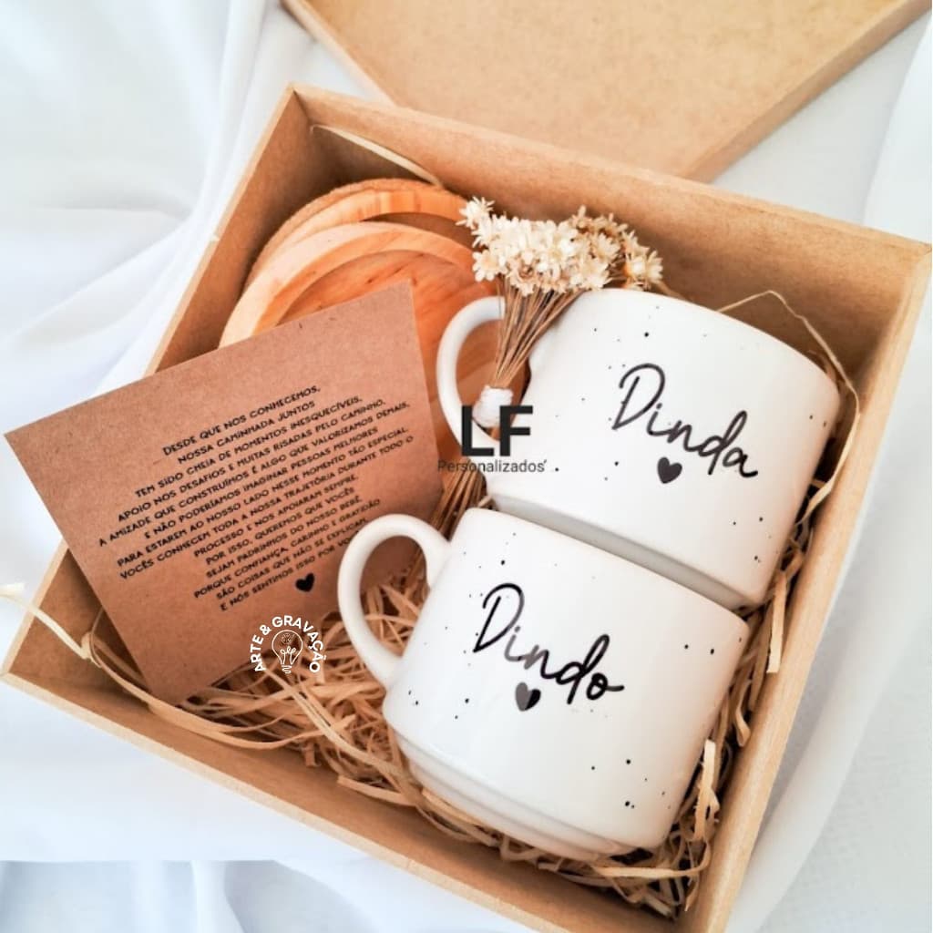 Kit Especial Dindos Xícaras Cerâmica + Caixa mdf