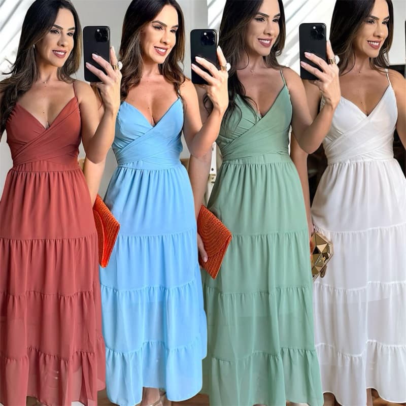 vestido longo com amarração traspassado tecido chiffon