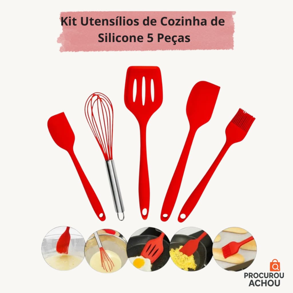 Jogo utensílios de Cozinha de Silicone Kit 5 Peças Colher Espátula Fue Pincel Batedores de ovos