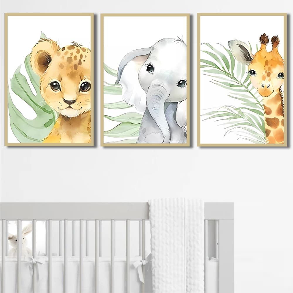 quadro decorativo quarto infantil safari baby folhagens nome personalizável leão girafa elefante
