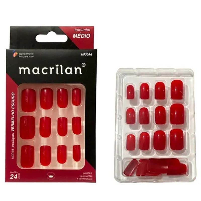 Unhas Postiças Macrilan Tamanho Médio Vermelho Escuro - UP308A