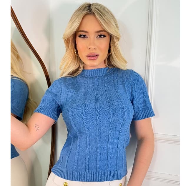 Blusa Feminina Canelada Manga Curta Trança Tricot Modal Estilosa Moda Verão