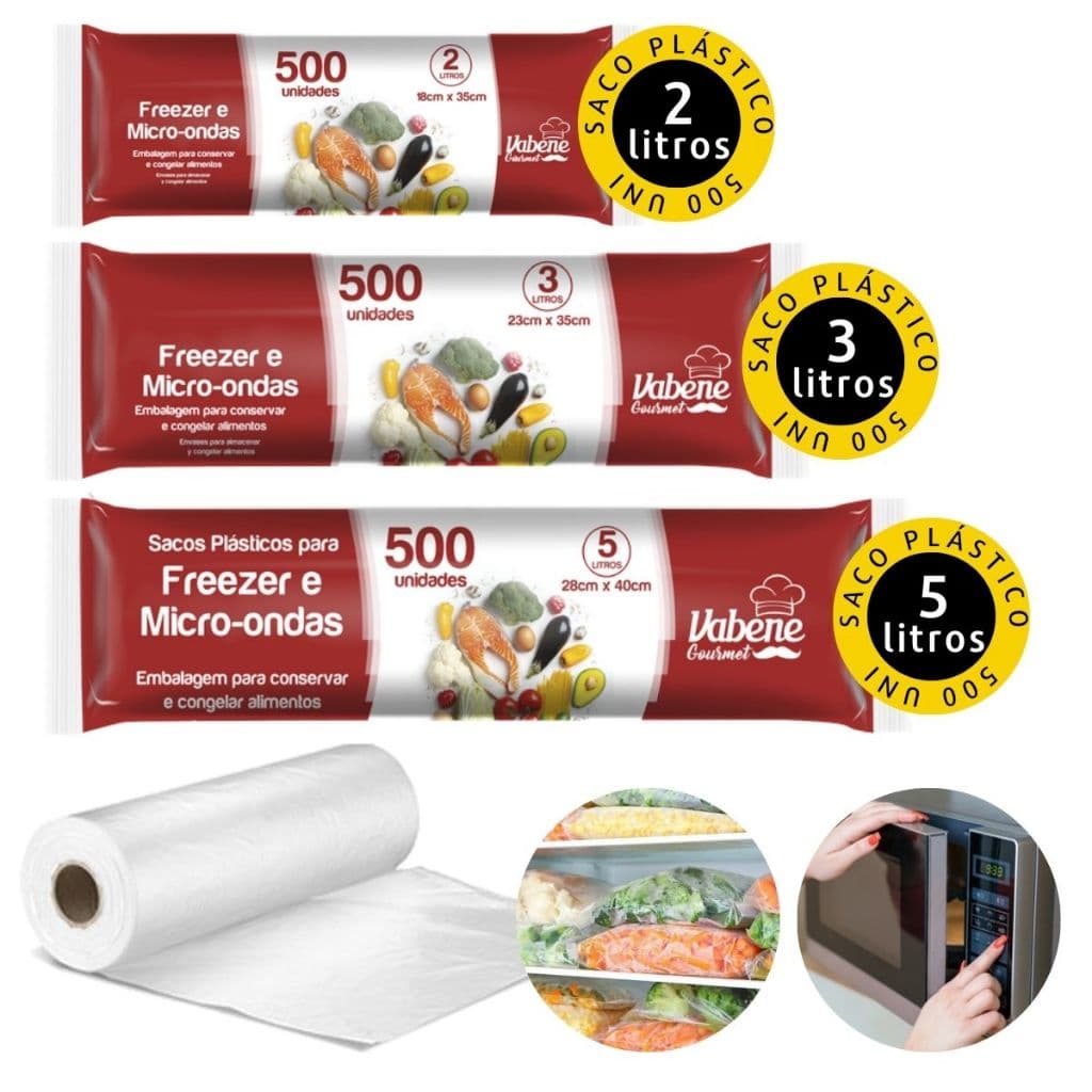 bobina picotada plástica vários tamanhos com 500 Sacos para freezers e micro-ondas