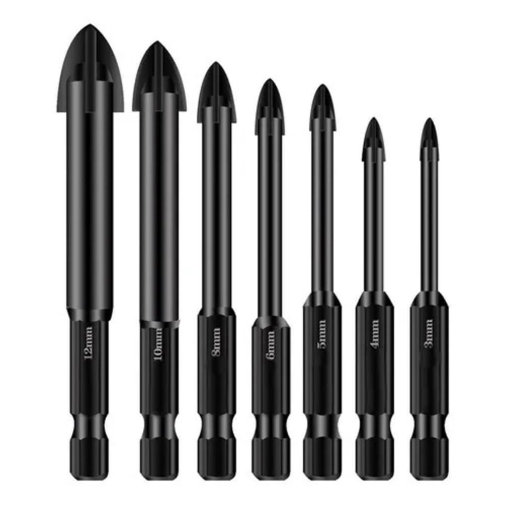Kit com 7 Brocas De Haste Hexagonal Cruzada para Telha Vidro Mármore Resistente e Durável