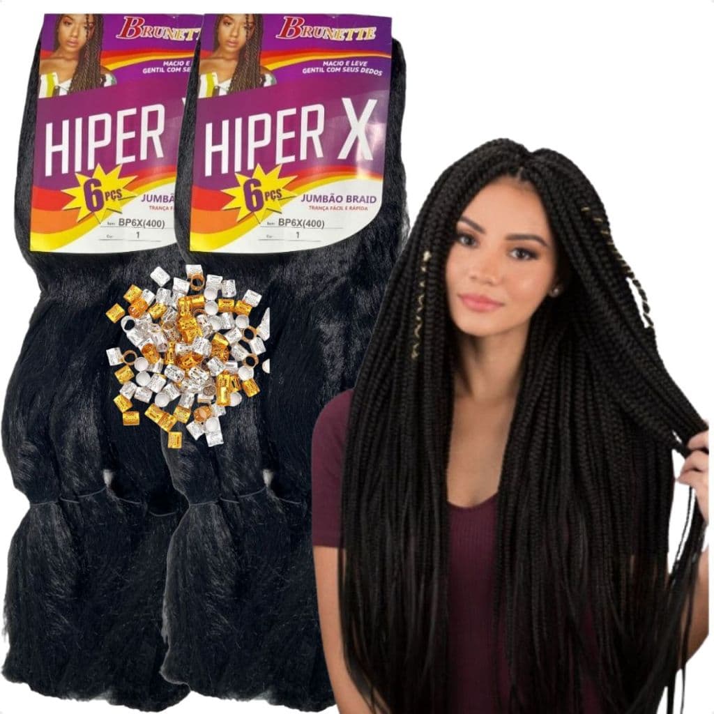 Cabelo Orgânico Jumbo Hiper X – Kit 2 Unidades | Tranças e Alongamentos + Anéis para tranças