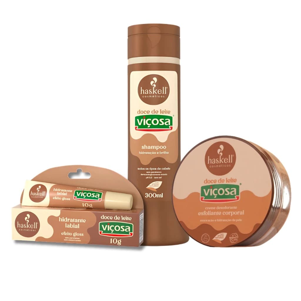 Shampoo 300ml Esfoliante Corporal 150gr e Hidratante Labial 10g Doce de leite Haskell