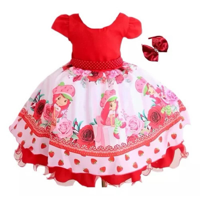 Vestido  Moranguinho Infantil  Tematico Vermelho Festa Aniversario  Com Tiara.