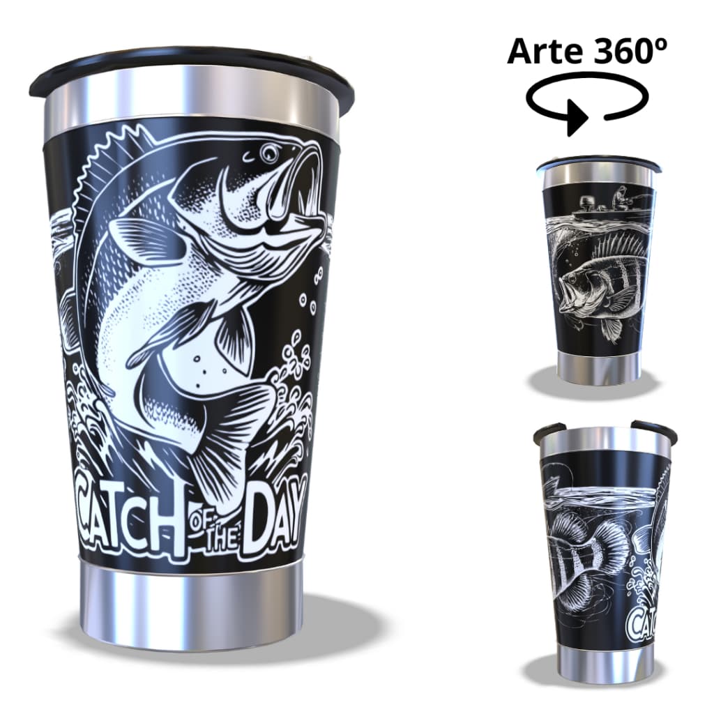Copo Térmico 473ML com arte 360º graus GRAVADO a Laser Tema: PEIXE GRANDE Com tampa e parede dupla IDÉIAS DE PRESENTE