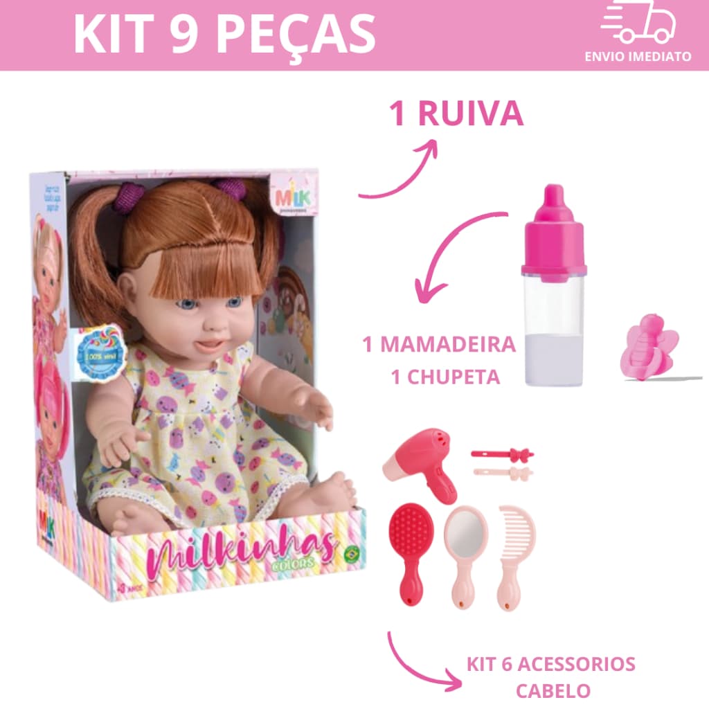 Boneca Com Chupeta Com Chupeta Mamadeira Milkinha  100% Vinil Super Macia Milk Brinquedos Kit Doutora Infantil Cabelo