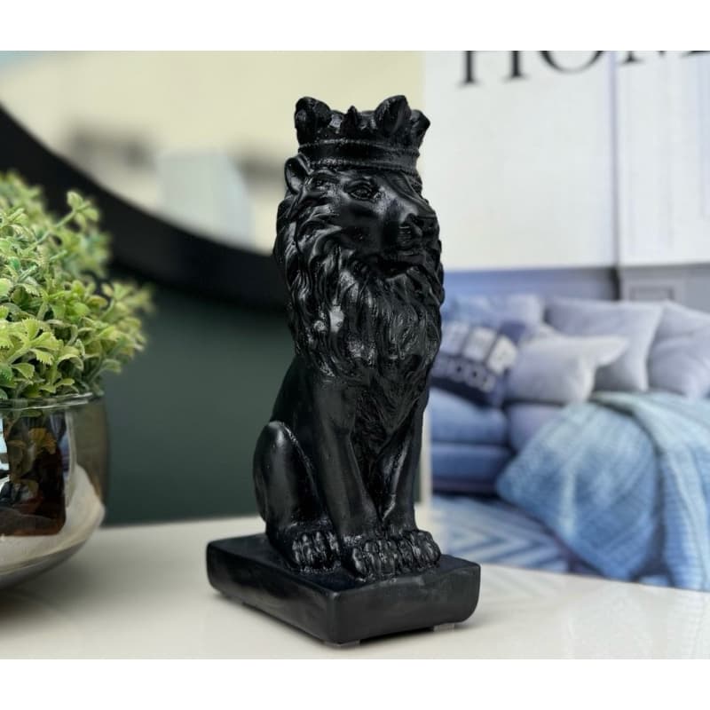 Leão coroa P Preto Brilho Estátua Decoração Enfeite Escritório Sala Presente