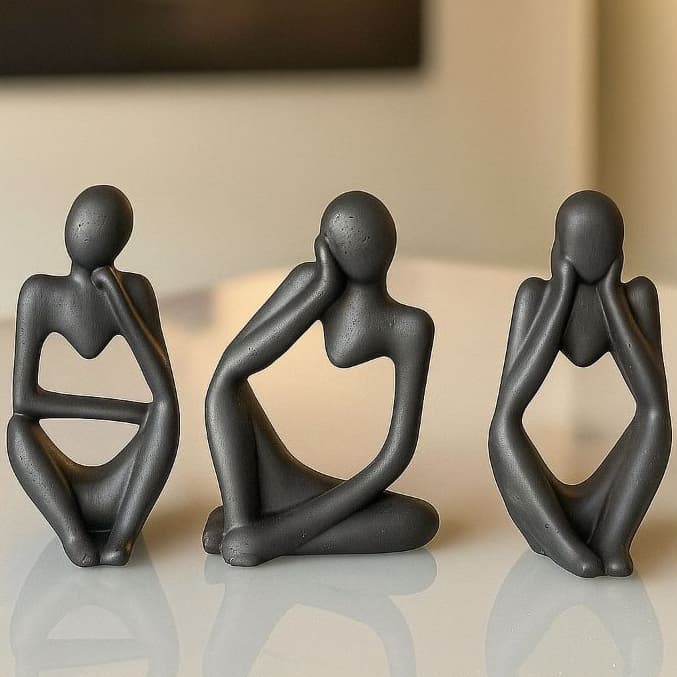 Estátua Decorativa Preto Fosco Abstrata em Gesso 12x5 cm – Conjunto 3 Peças decorativa