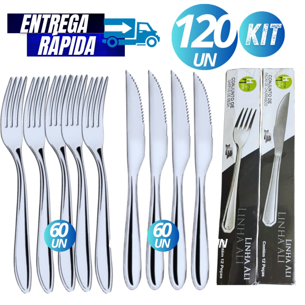 Kit Conjunto 120 Talheres Aço Inox 60 Garfos e 60 Facas Reforçados para Restaurante Buffet Variáveis Multiuso HM