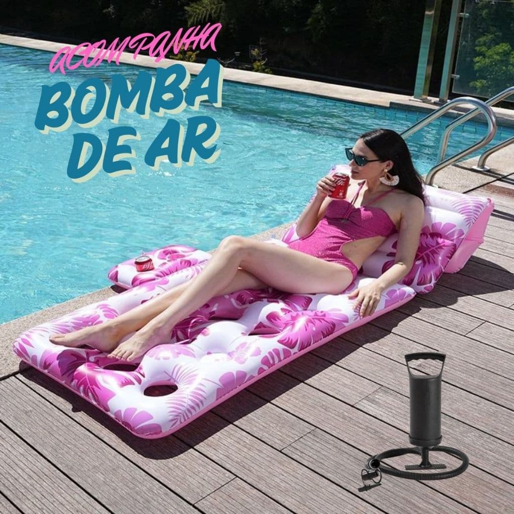 Boia Inflável / Poltrona Flutuante Piscina com Porta-Copos – Kit Completo com Bomba
