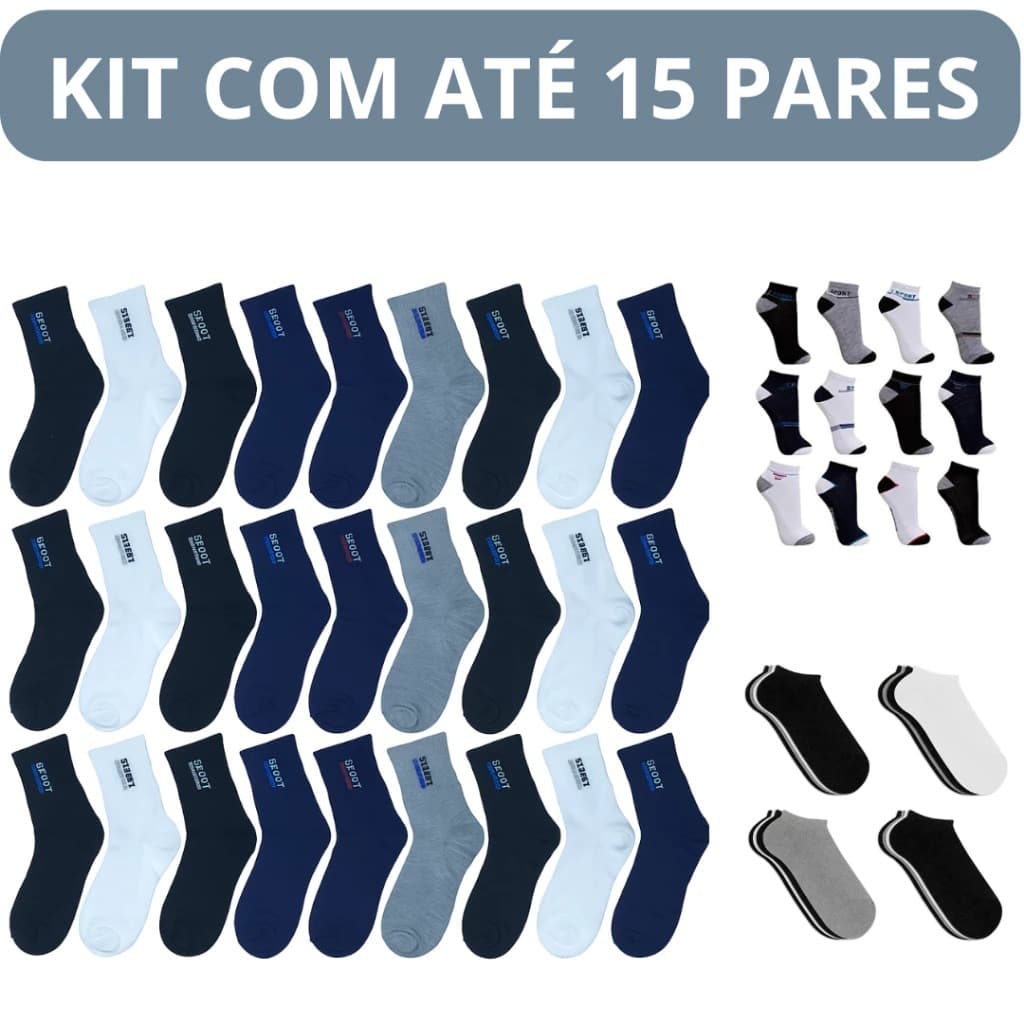 Kit 15 Pares de Meias Unissex, Feminina ou Masculina Kits 3,6,12 e 15 pares
