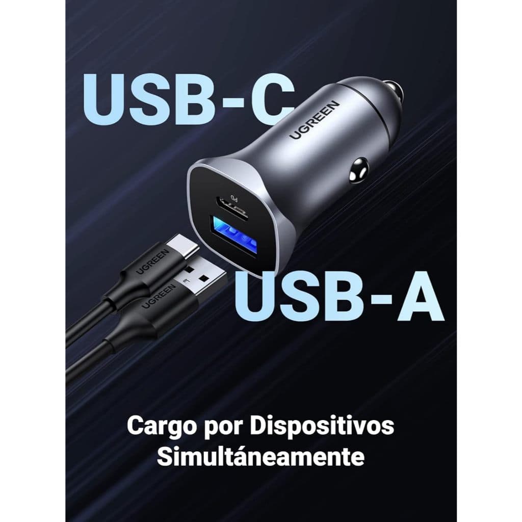 Carregador carro Veicular UGREEN 24W USB C + USB PD 20W e QC 18W carregamento rápido compatível iPhone iPad Galaxy Pixel