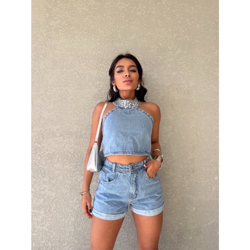 Maisbonitomoda 8380 conjunto jeans feminina com bordado  com brilho cropped com short
