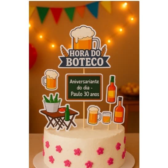 "Topo de Bolo Boteco Personalizado | Decoração Festa Aniversário Adulto | Aniversariante com Nome e Idade"