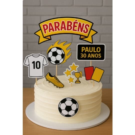 "Topo de Bolo Futebol Personalizado – Aniversário Adulto e Infantil, Decoração Festa com Nome e Idade"