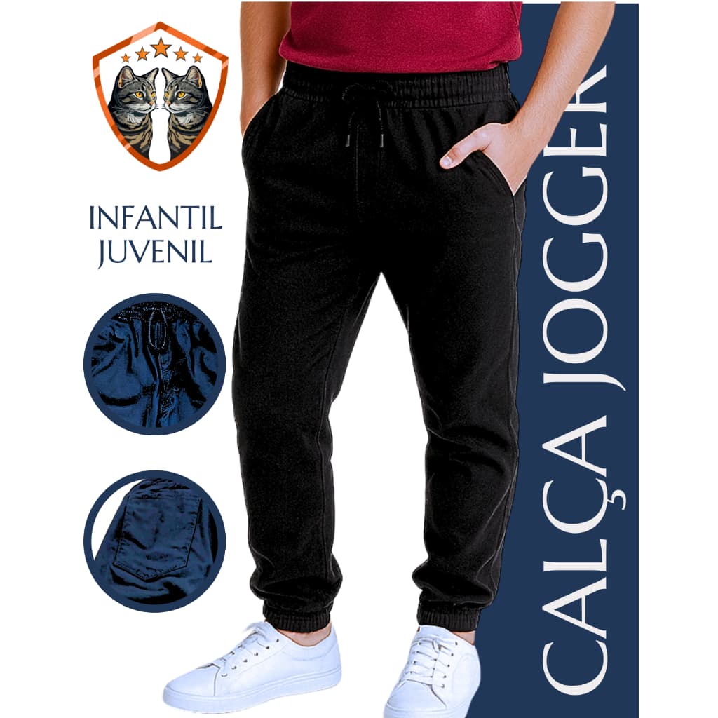 Calça Jogger Preta Infantil Juvenil Masculina Menino Confortável Moderna Bonita Escola Festa Dia a Dia 4 6 8 10 12 14 16