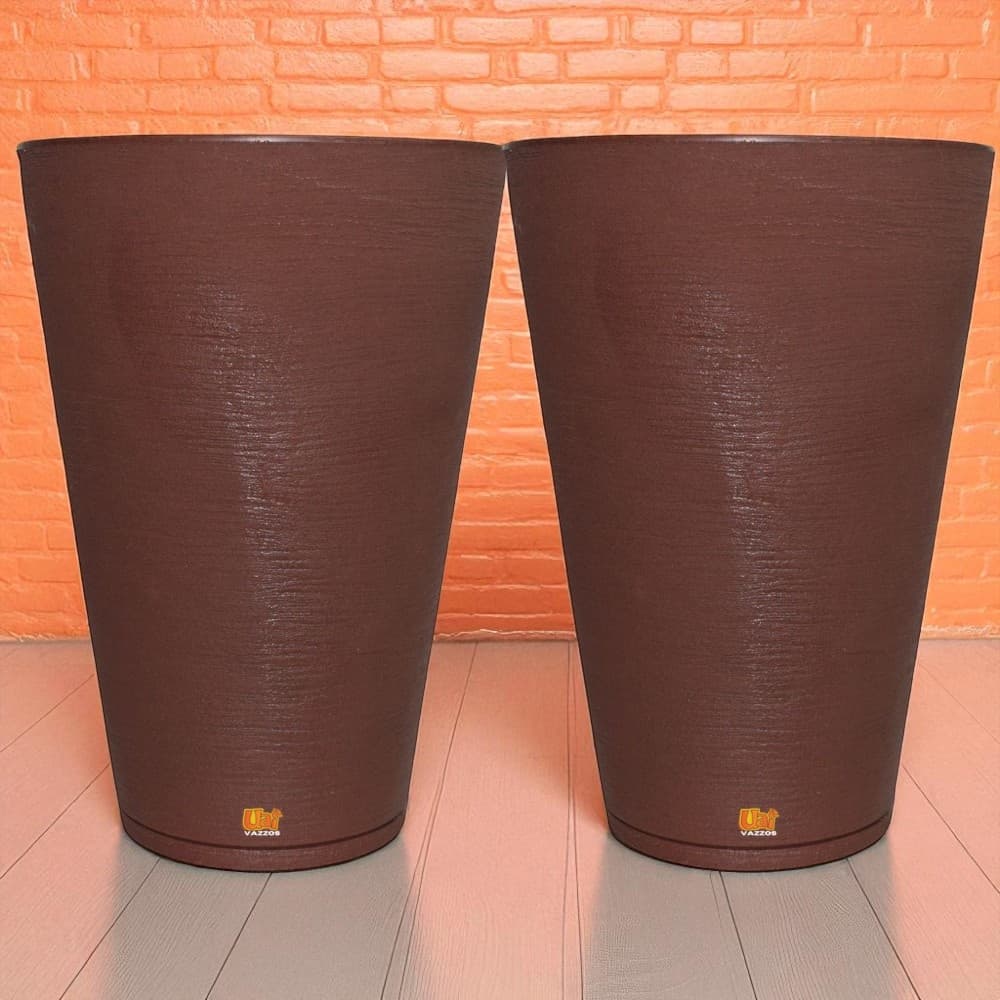 Kit 2 Vasos Grandes Decorativos Coluna Redonda Polietileno Para Plantas N4, GG com Pratos Coletores