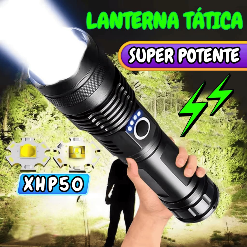 Lanterna Tática Militar Super Potente LED P90 Recarregável Alto Brilho Zoom USB-C