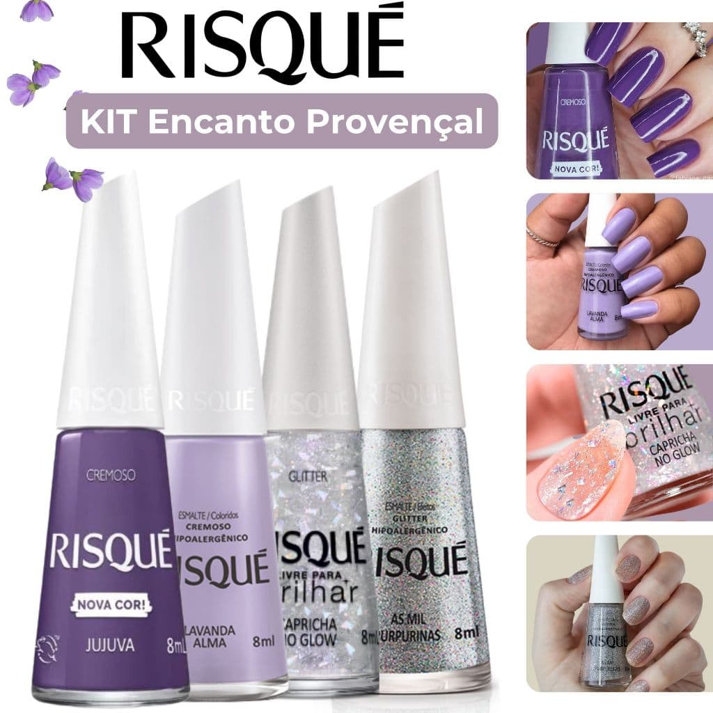 Kit 5 Esmalte Atacado Risque Tons Roxo Com Gliter Esmaltes Hipoalergênico 8ml