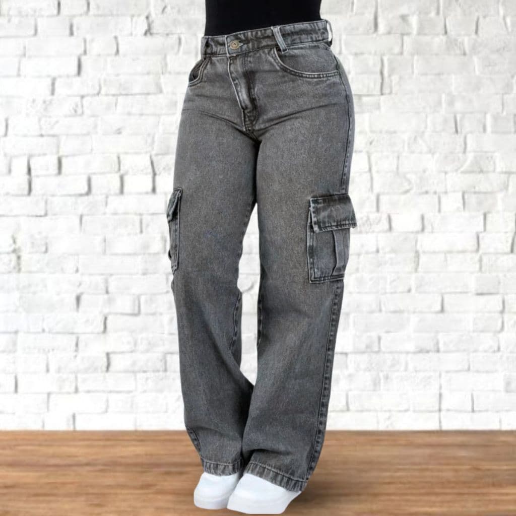 Calça Wide Leg Cargo Jeans Feminina Marmorizada Cinza Tendencia Tecido Algodão