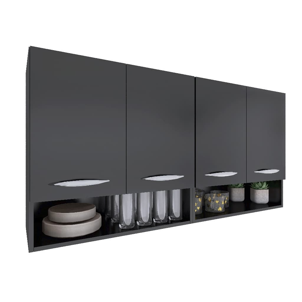 Armário Suspenso 4 Portas – Preto – Ideal para Cozinha Planejada e Lavanderia