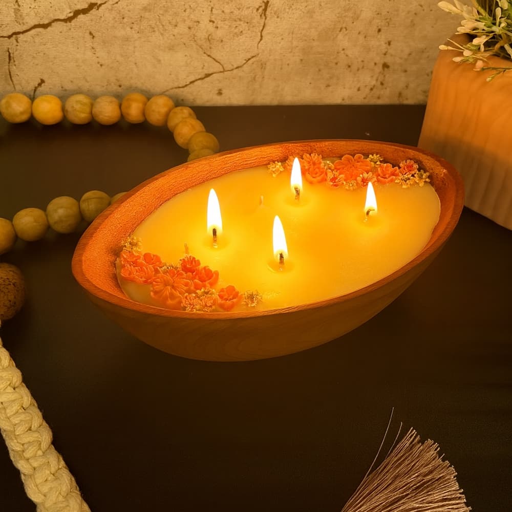 Vela Aromática Artesanal Perfumada em Gamela de Madeira Decoração – Flor de Cerejeira – 4 Pavios