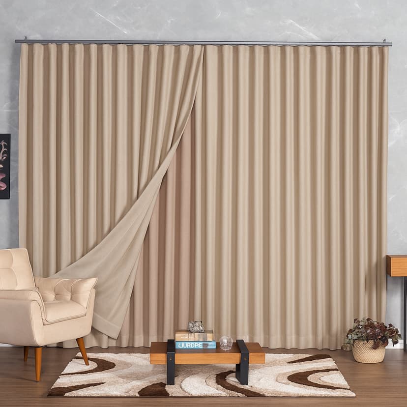 Cortina Voil Linho Sala Quarto 6,00m x 2,30/2,40/2,50/2,60/2,70/2,80 c/ Forro Blackout Trilho Suíço