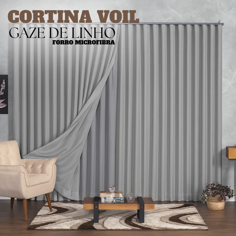 Cortina Voil Linho Sala Quarto 5,00m x 2,30/2,40/2,50/2,60/2,70/2,80 Forro Blackout - Trilho Suíço