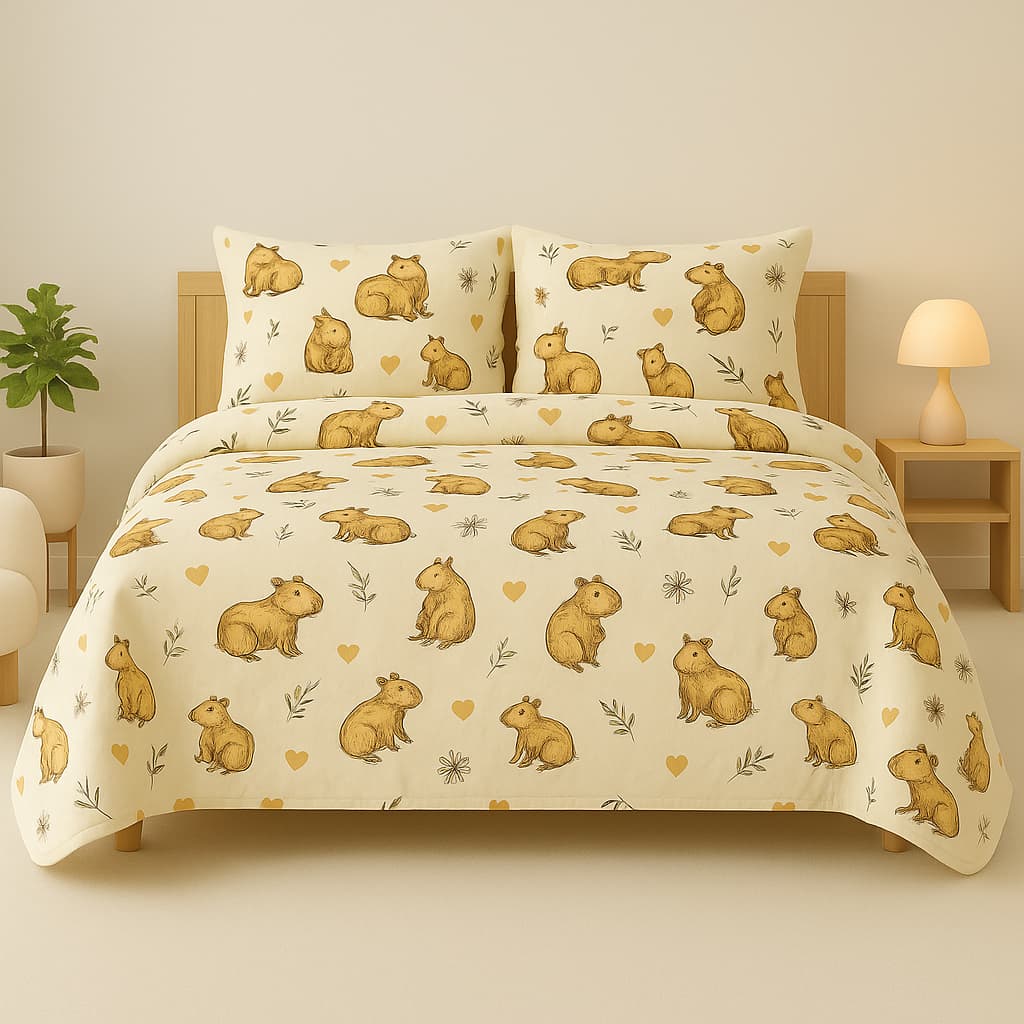 Kit Edredom Casal 100% Algodão Estampado 2 Fronhas Capivara ou Cavalo Dupla Face Alta Qualidade