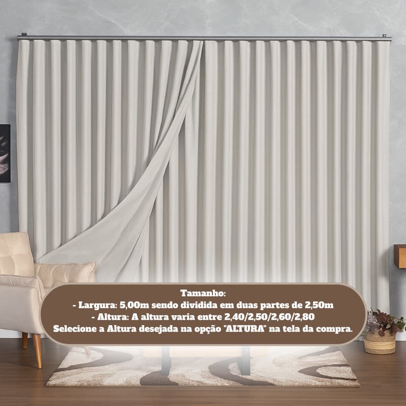 Cortina Linho Sala Quarto Trilho Suíço 5,00 x 2,30/2,40/2,50/2,60/2,80 - com Forro Microfibra