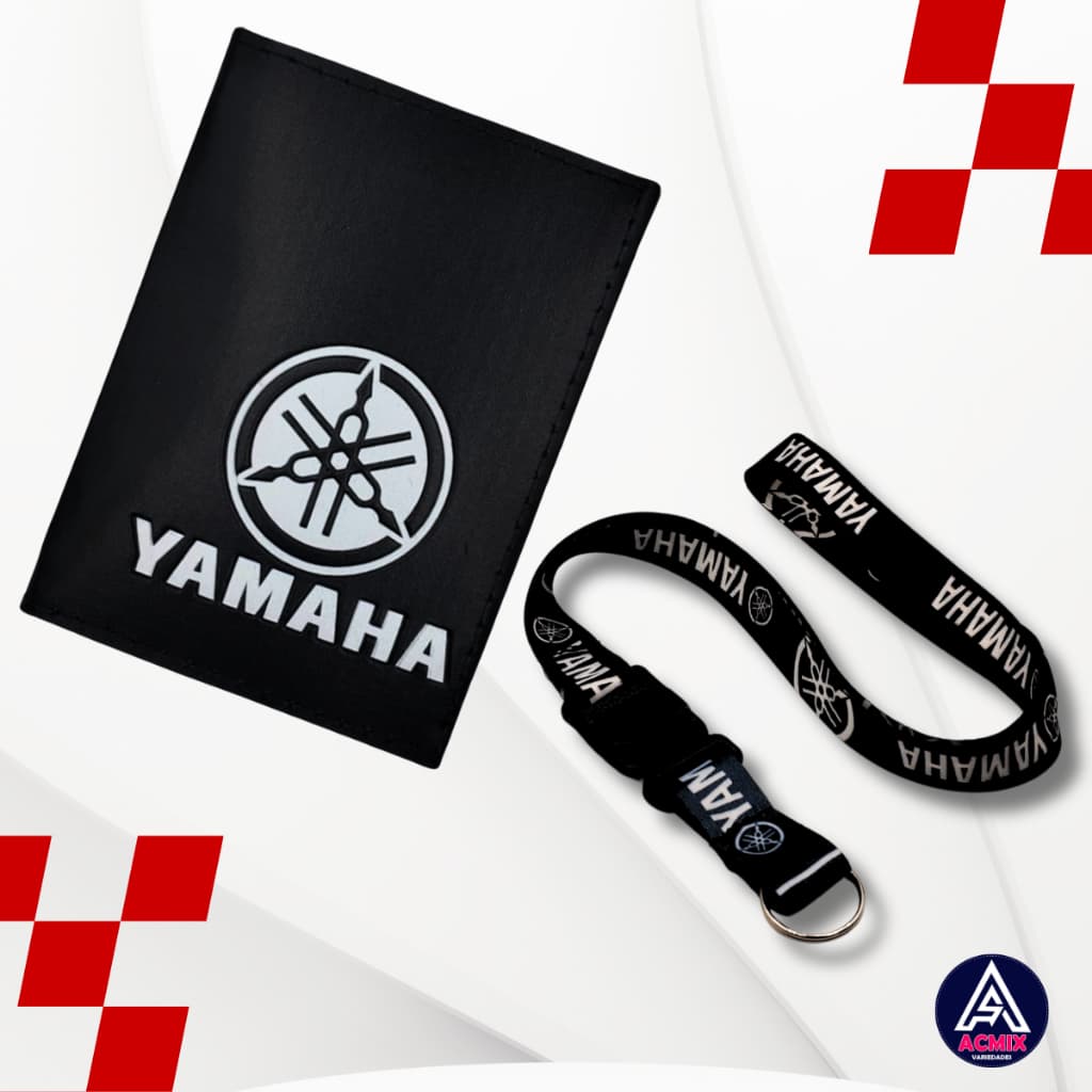 Kit Carteira Porta Documentos Moto Yamaha Logo Branco + Cordão Pescoço Engate Rápido Yamaha Preto
